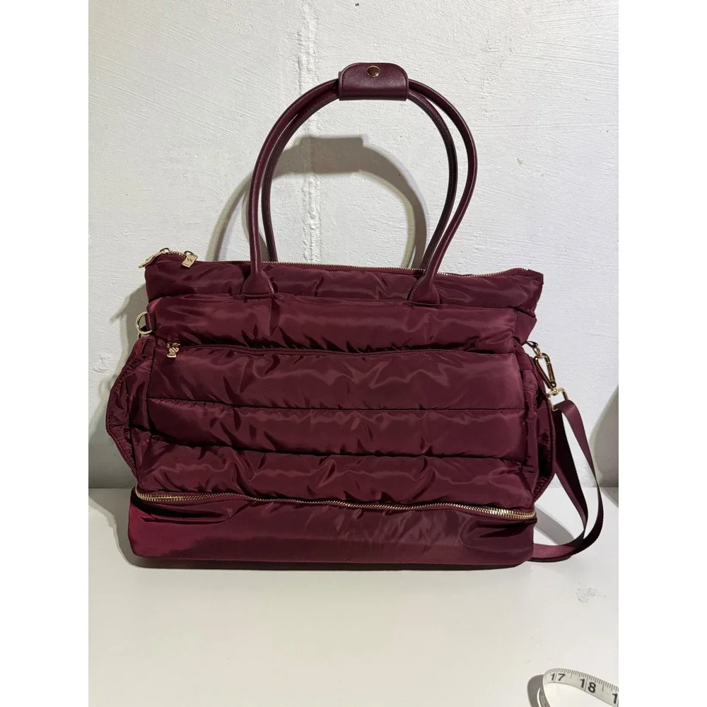 Unbranded Burgundy Quilted Puffer Tote Bag Large Nylon Travel Gym Weekender